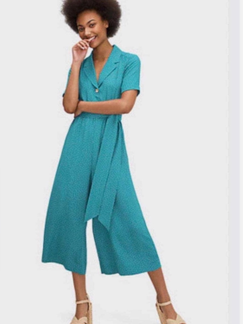 kate spade Teal Short-Sleeve Wide-Leg Jumpsuit with Tie Detail